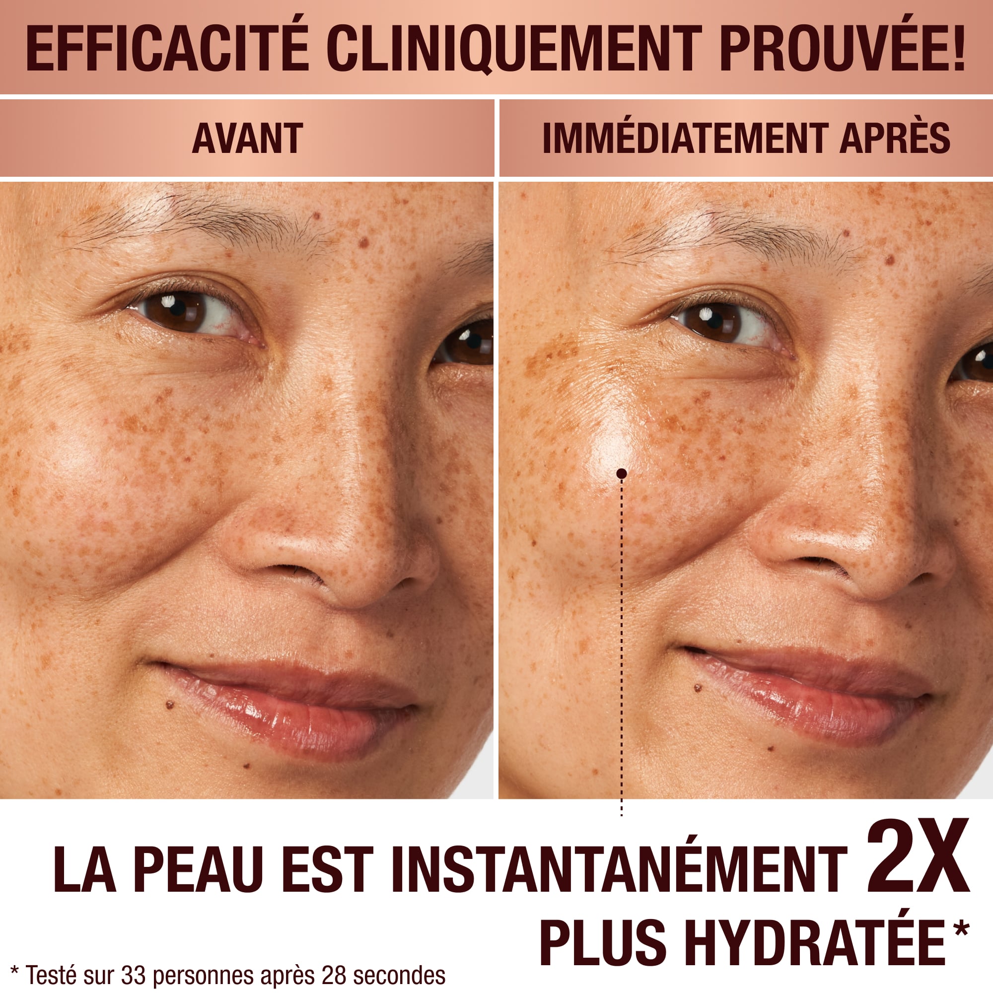 Avant et après d'un mannequin à la peau claire sans aucun soin du visage d'un côté et portant une crème brillante pour le visage qui donne une apparence repulpée et hydratée à sa peau de l'autre côté.