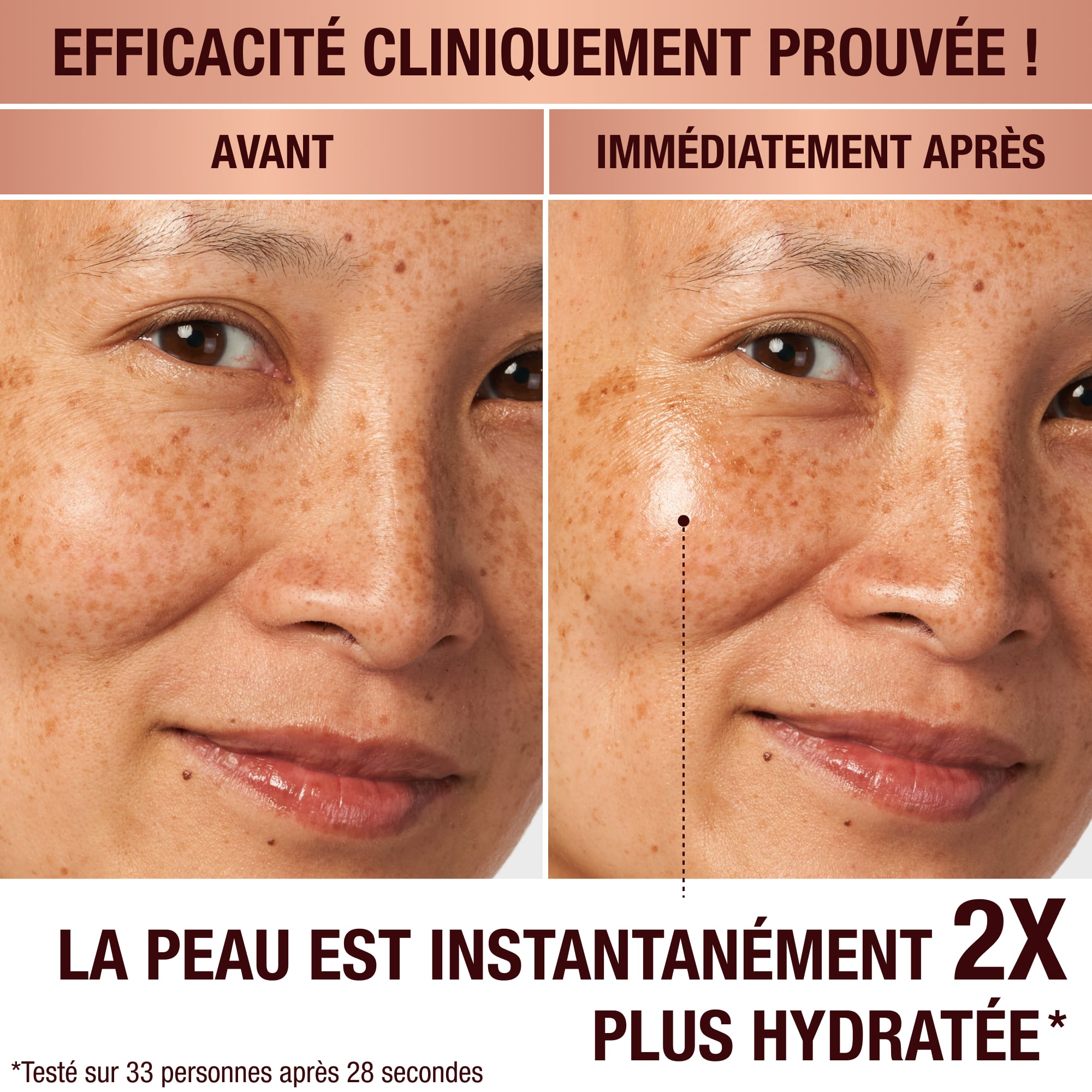 Avant/après d'un mannequin à la peau claire sans aucun soin du visage d'un côté et portant une crème pour le visage glowy pour une peau repulpée et hydratée de l'autre.