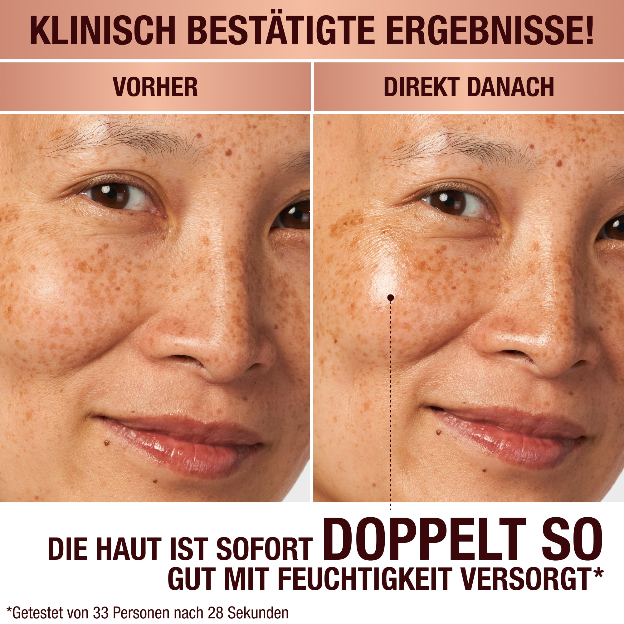 Vorher-Nachher-Bilder eines Models mit einem hellen Hautton. Ohne jegliche Hautpflege auf der einen Seite und auf der anderen Seite ein Bild, auf dem das Ergebnis der strahlenden Gesichtscreme sichtbar ist und die Haut prall und hydratisiert aussieht.