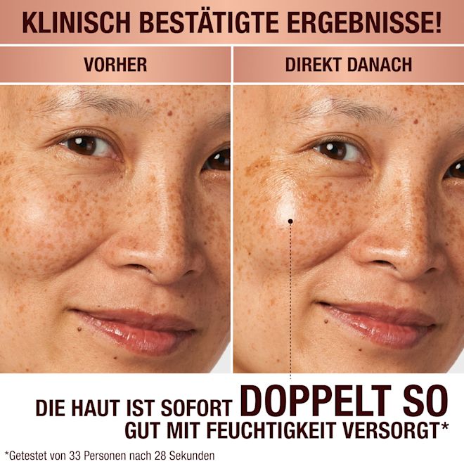 Magic Cream Anwendung auf einem Model mit hellem Hautton– Vorher-Nachher Vorher-Nachher-Bilder eines Models mit einem hellen Hautton. Ohne jegliche Hautpflege auf der einen Seite und auf der anderen Seite ein Bild, auf dem das Ergebnis der strahlenden Gesichtscreme sichtbar ist und die Haut prall und hydratisiert aussieht.