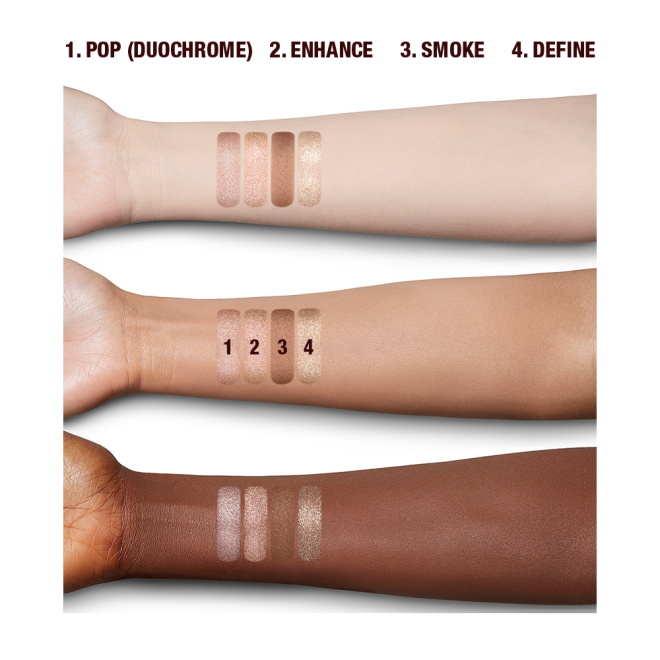 Fair, tan, and deep-tone arm swatches with four, soft earthy-tones in shades of pink, brown, and gold.