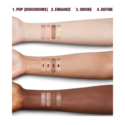 Fair, tan, and deep-tone arm swatches with four, soft earthy-tones in shades of pink, brown, and gold.