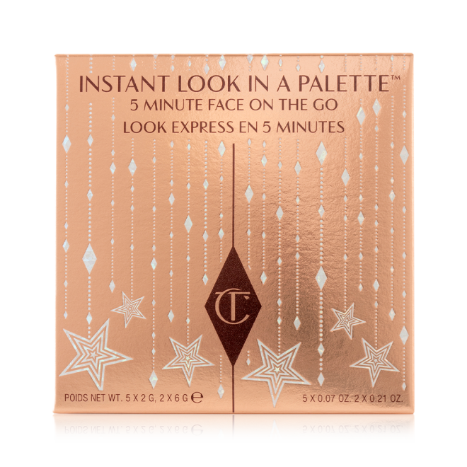 Packaging sleeve of a face palette in rose-gold colour with text written on it that reads, 'instant look in a palette. 5-minute face on the go. Look express en 5 minutes' along with the iconic CT logo printed on it in dark brown and gold.