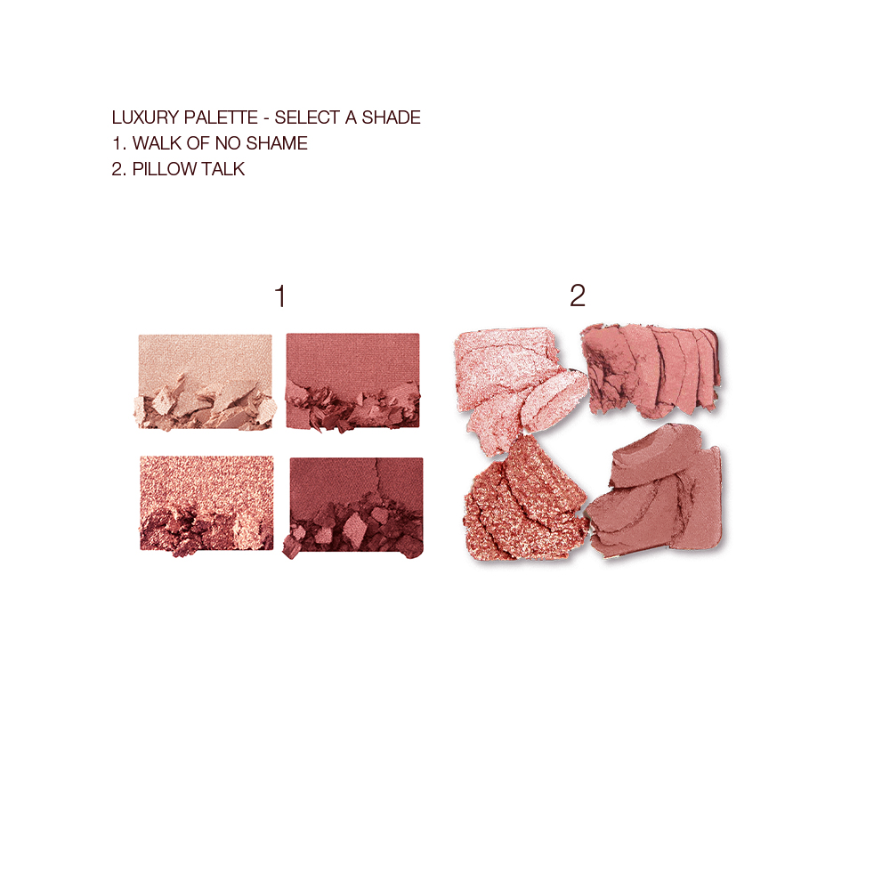 Swatches of two, quad eyeshadow palettes with matte and shimmery shades in beige, rose gold, russet brown, maroon, nude pink, clay-brown, and copper-brown.