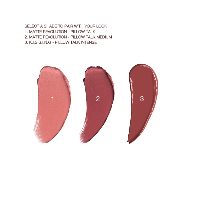 Swatches of three lipsticks, two in matte and one in satin finish, in shades of nude pink, rose-pink, and a deep brown-pink