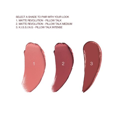 Swatches of three lipsticks, two in matte and one in satin finish, in shades of nude pink, rose-pink, and a deep brown-pink