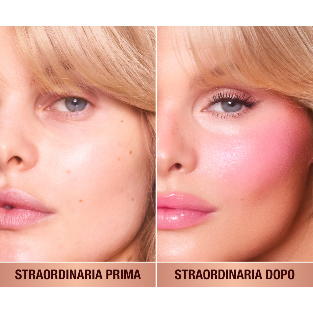 Prima e dopo della modella con pelle molto chiara con e senza blush. 