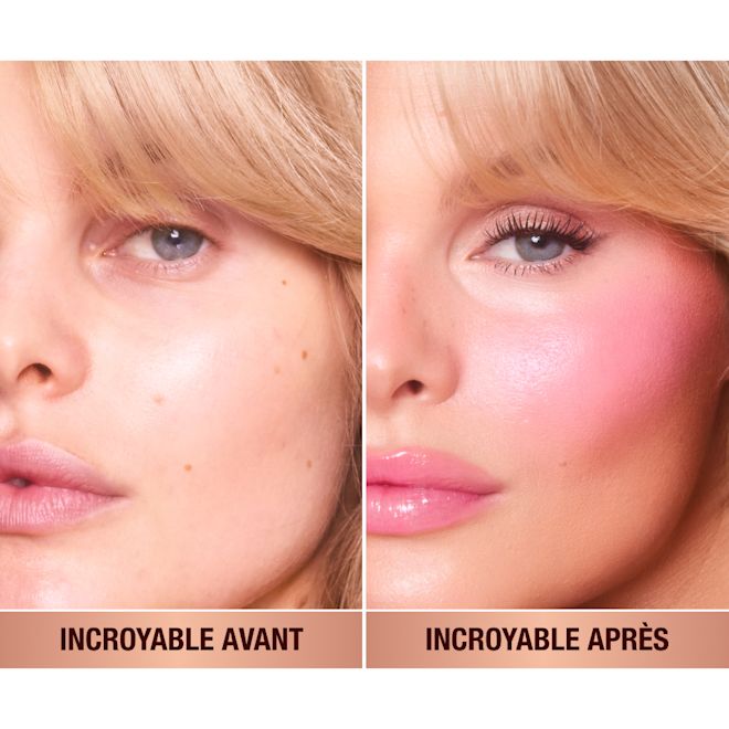 Avant/Après Unreal Blush Pinky Glow Avant/Après d'un mannequin à la peau claire avec et sans blush.