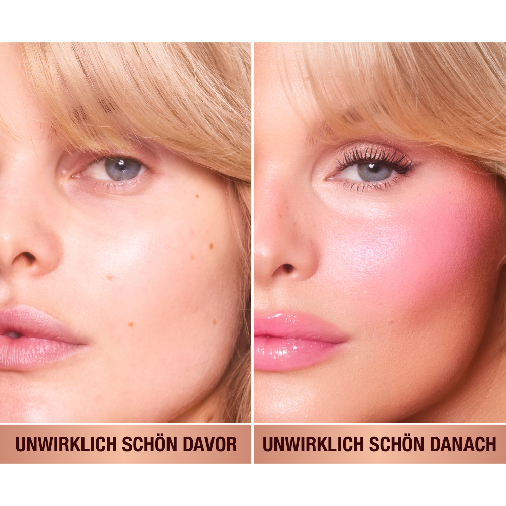 Vorher und nachher von Model mit hellem Hautton mit und ohne Rouge. 