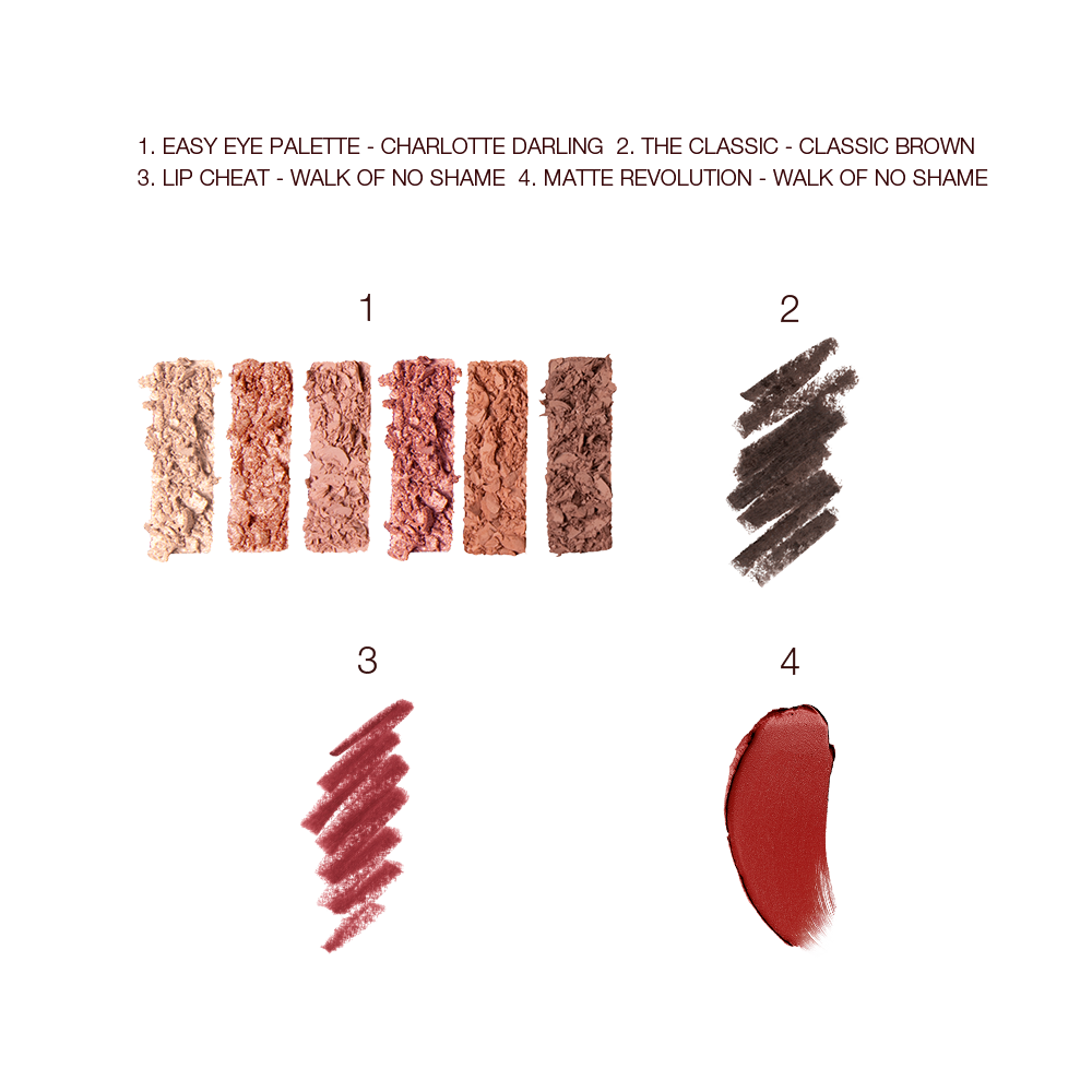 Swatches of a 6-pan eyeshadow palette with matte and shimmery shades in gold, peach, pink, and brown, eyeliner pencil in dark brown, lip liner in redwood, and dark red matte lipstick.