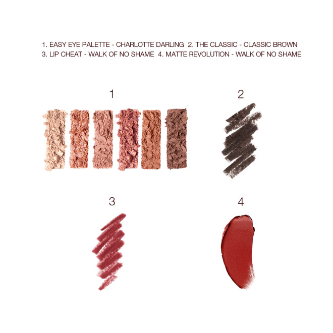 Swatches of a 6-pan eyeshadow palette with matte and shimmery shades in gold, peach, pink, and brown, eyeliner pencil in dark brown, lip liner in redwood, and dark red matte lipstick.