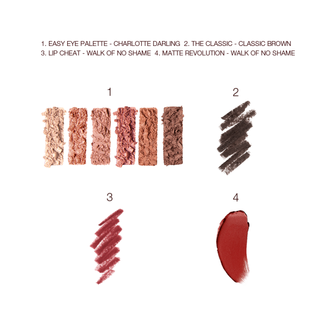 Swatches of a 6-pan eyeshadow palette with matte and shimmery shades in gold, peach, pink, and brown, eyeliner pencil in dark brown, lip liner in redwood, and dark red matte lipstick.