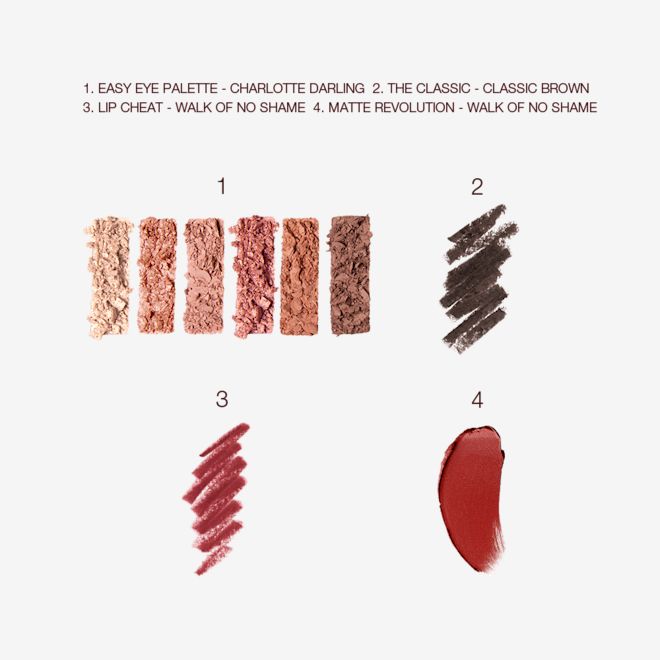 Singles Day Bundle swatches Swatches of a 6-pan eyeshadow palette with matte and shimmery shades in gold, peach, pink, and brown, eyeliner pencil in dark brown, lip liner in redwood, and dark red matte lipstick.