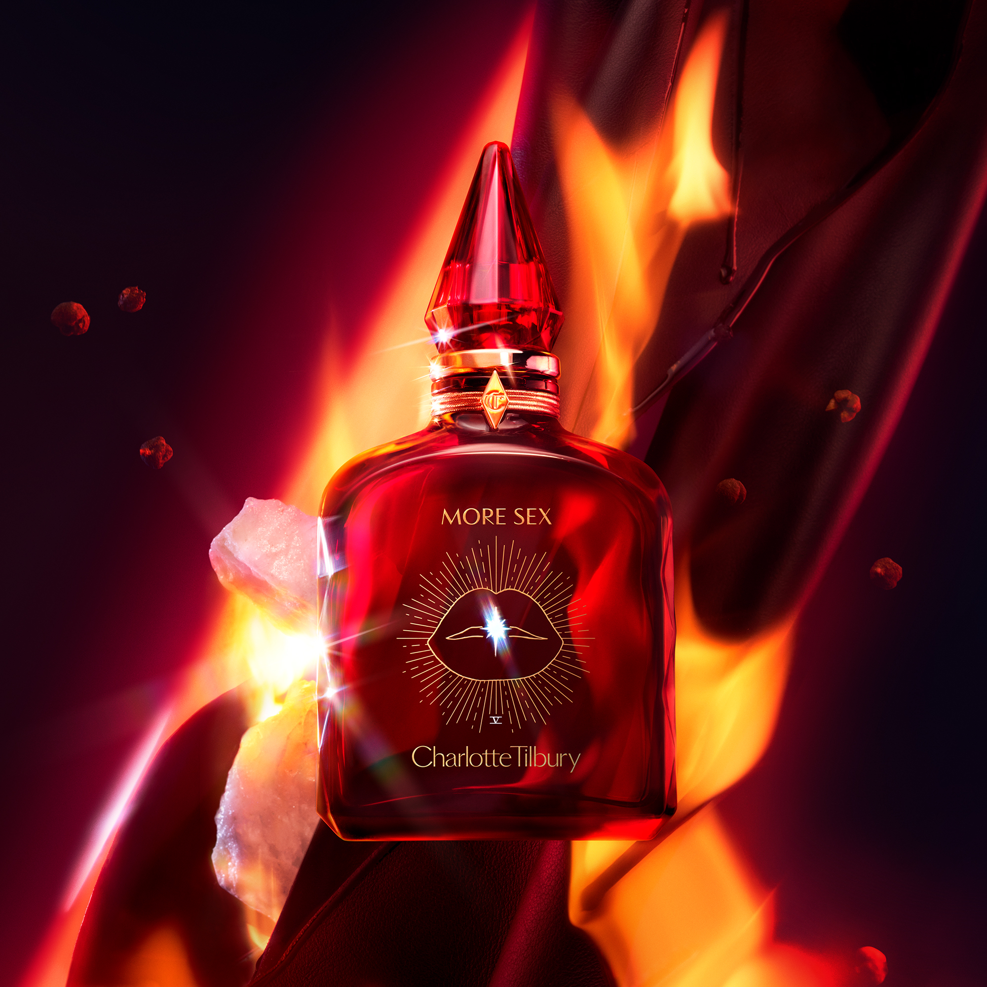 More Sex fragrance bottle artwork with fire backdrop