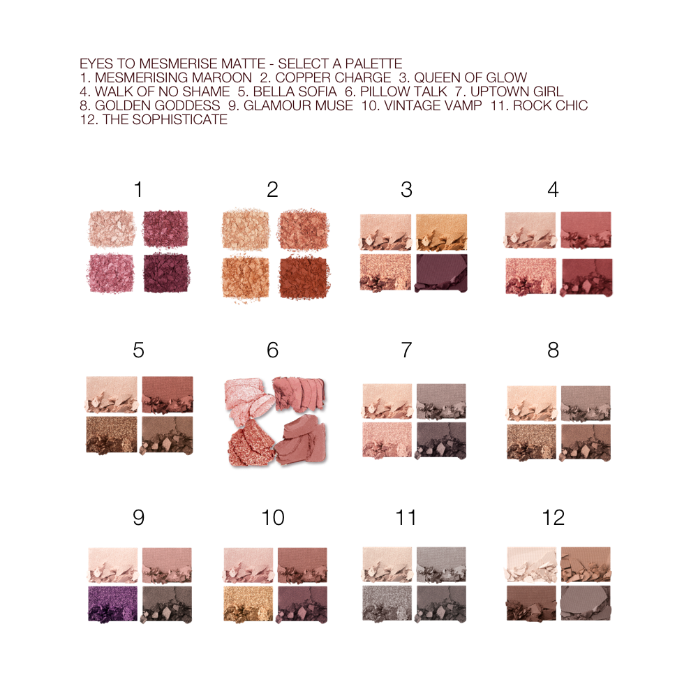 Swatches of twelve, quad eyeshadow palettes with matte and shimmery eyeshadows in shades of pink, gold, plum, brown, grey, peach, green, purple, red, and beige. 
