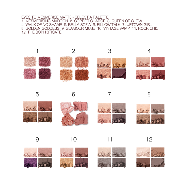 Swatches of twelve, quad eyeshadow palettes with matte and shimmery eyeshadows in shades of pink, gold, plum, brown, grey, peach, green, purple, red, and beige. 