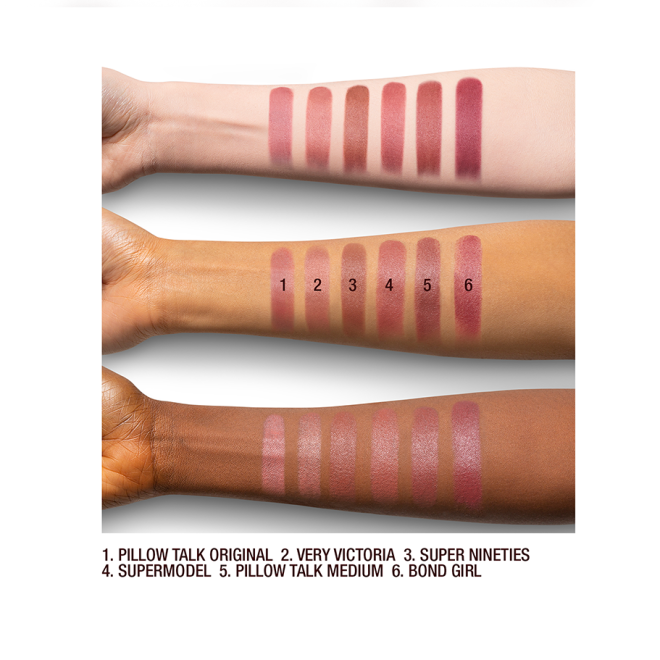 Fair, tan, and deep-skin arm swatches of matte lipsticks in various nude shades. 