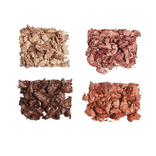 Swatches of quad eyeshadows with matte and shimmery shades in gold, amber, chocolate brown, and terracotta eyeshadows.