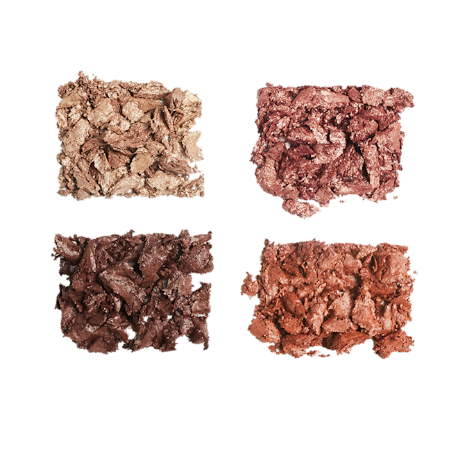 Hollywood Flawless Eye Filter in Eyes of a Star swatches Swatches of quad eyeshadows with matte and shimmery shades in gold, amber, chocolate brown, and terracotta eyeshadows.