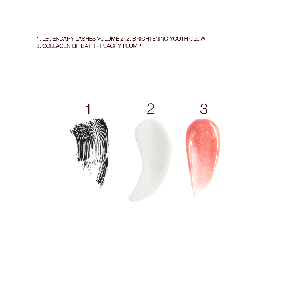 Swatches of black-coloured mascara, pearly-white face cream, and nude pink high-shine lip gloss. 