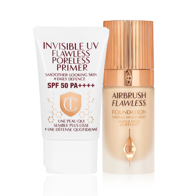 A primer with SPF in a white coloured-tube with foundation in a frosted glass bottle with a gold-colorued lid.