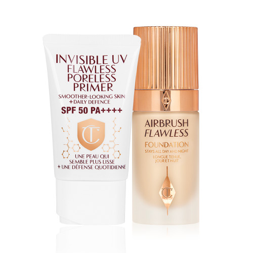 A primer with SPF in a white coloured-tube with foundation in a frosted glass bottle with a gold-colorued lid.