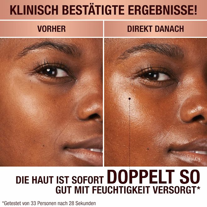 Magic Cream Anwendung auf einem Modell mit mittlerem Hautton – Vorher-Nachher Vorher-Nachher-Bilder eines Models mit dunklem Teint. Ohne jegliche Hautpflege auf der einen Seite und auf der anderen Seite ein Bild, auf dem man das Ergebnis der strahlenden Gesichtscreme sieht, die ihre Haut prall und hydratisiert aussehen lässt.