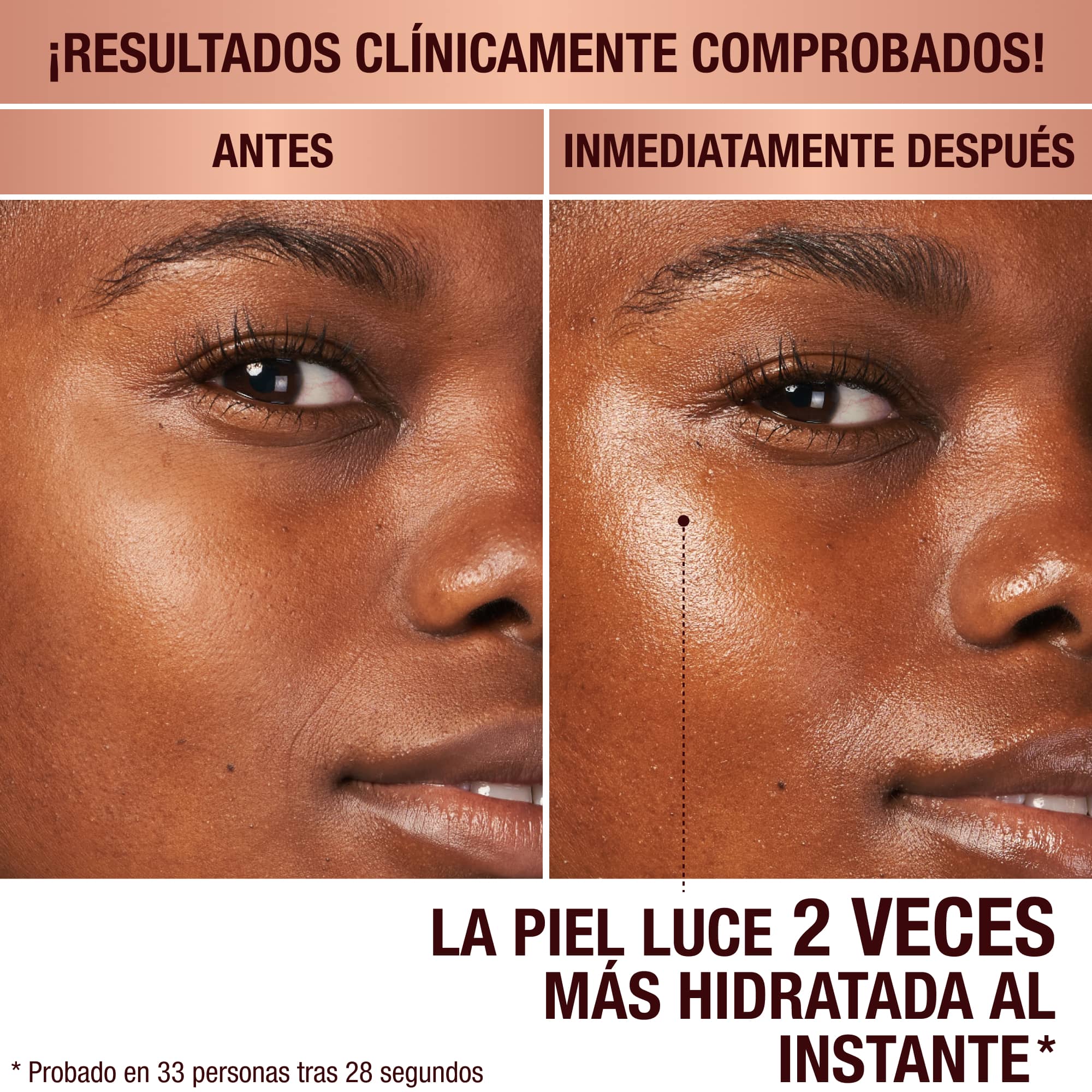 Antes y después de una modelo de piel oscura sin ningún tipo de cuidado, por un lado, y con una crema facial luminosa que hace que su piel luzca tersa e hidratada, por el otro.