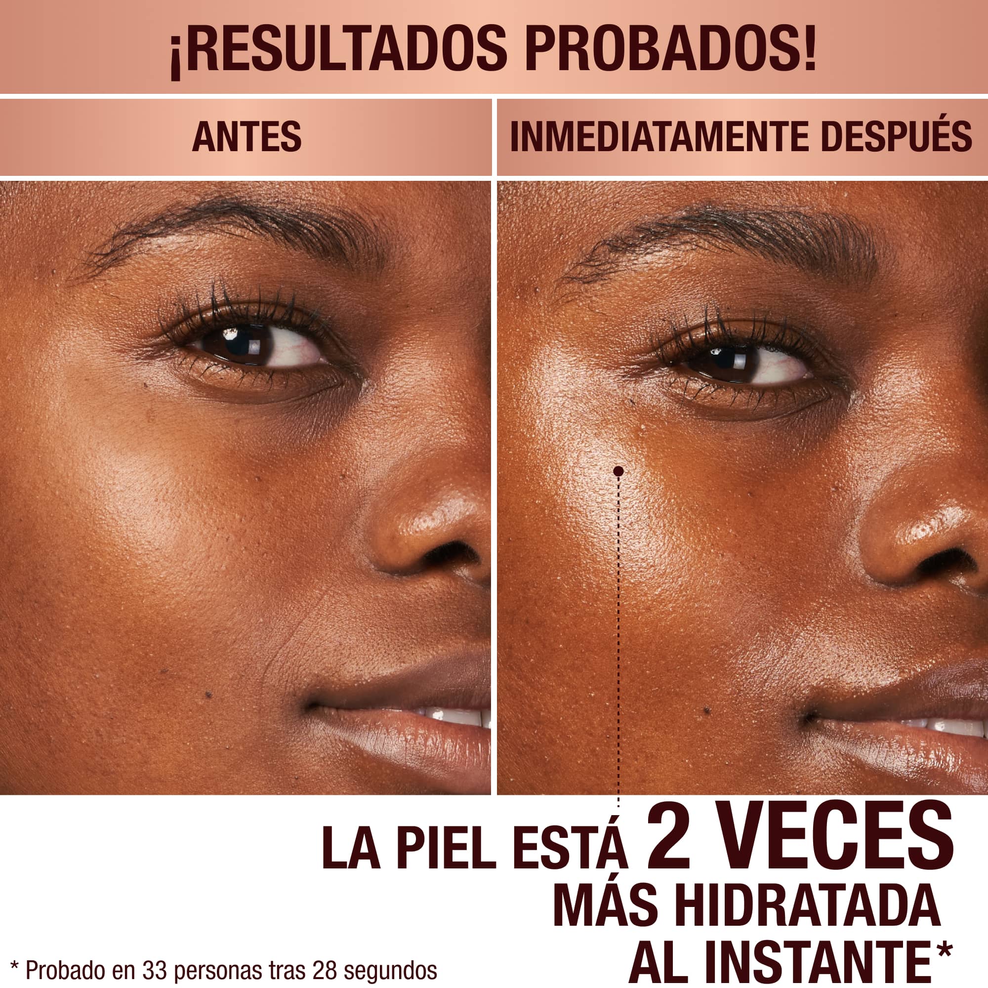 Antes y después de una modelo de piel oscura sin ningún tipo de cuidado, por un lado, y con una crema facial luminosa que hace que su piel luzca tersa e hidratada, por el otro.