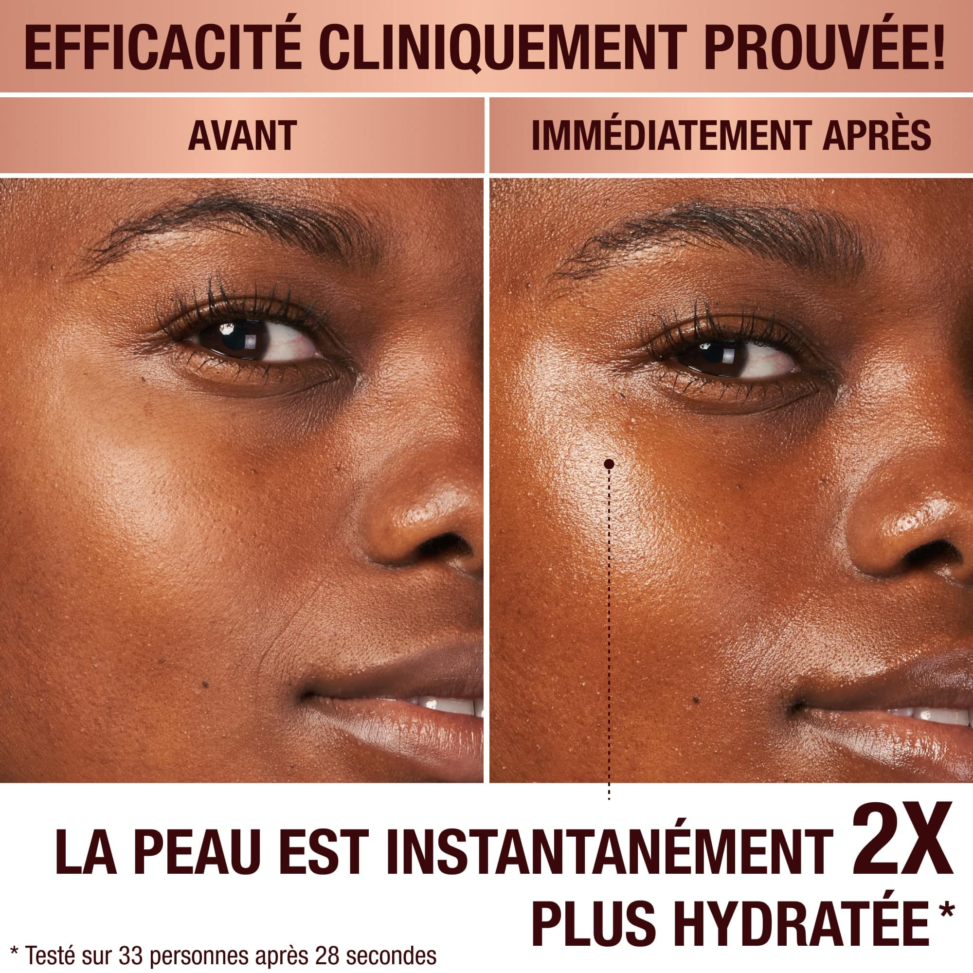 Avant et après d'un mannequin au teint foncé sans aucun soin du visage d'un côté et portant une crème brillante pour le visage qui donne une apparence repulpée et hydratée à sa peau de l'autre côté.