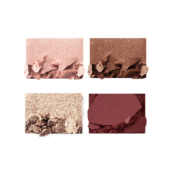 Swatches of matte and shimmery eyeshadows in maroon, dark brown, champagne, and rose gold. 