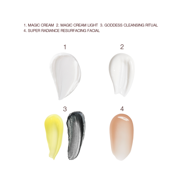 Swatches of a pearly-white face cream, white-coloured three-in-one cleansing balm, charcoal cleanser and lemon cleansing oil, and brown-champagne-coloured exfoliating mask. 