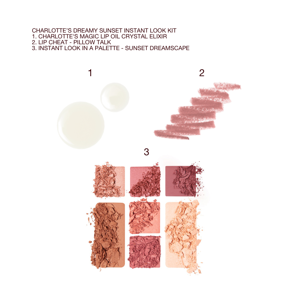 Swatches of glowy, pearly-white lip oil, nude pink lip liner pencil, and a face palette with three rose gold, dusky pink, and plum-coloured eyeshadows, two blushes in soft peach and medium-pink, light brown bronzer, and soft, gold-coloured highlighter.