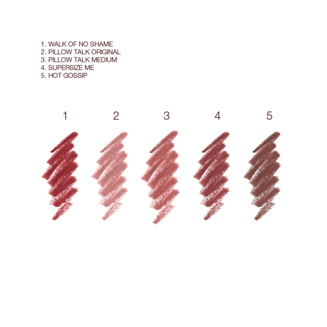 Swatches of five lip liner pencils in shades of berry-pink, nude pink, brown-pink, dark nude pink, and taupe brown. 