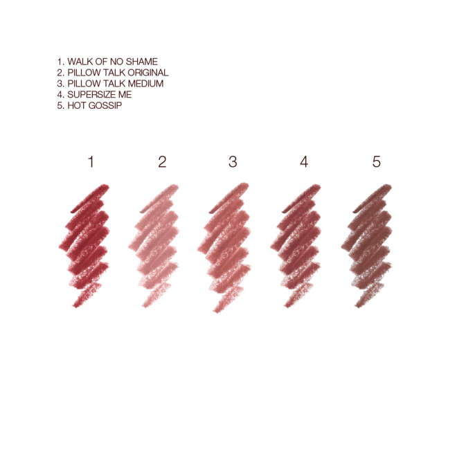Swatches of five lip liner pencils in shades of berry-pink, nude pink, brown-pink, dark nude pink, and taupe brown. 
