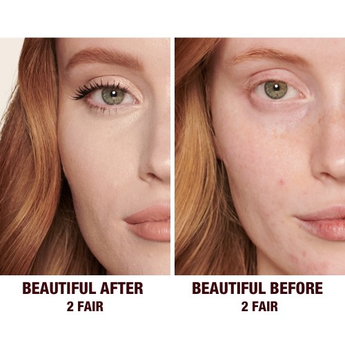 Before and after of a fair-tone model without any makeup in the before shot and then wearing a radiant, concealer that brightens, covers blemishes, and makes her skin look fresh along with nude lip gloss and subtle eye makeup.