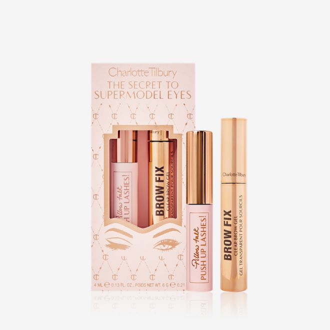 LE SECRET D'UN SUPERMODEL YEUX PAQUET Mini mascara with a mini brown gel and a pink-coloured gift box.