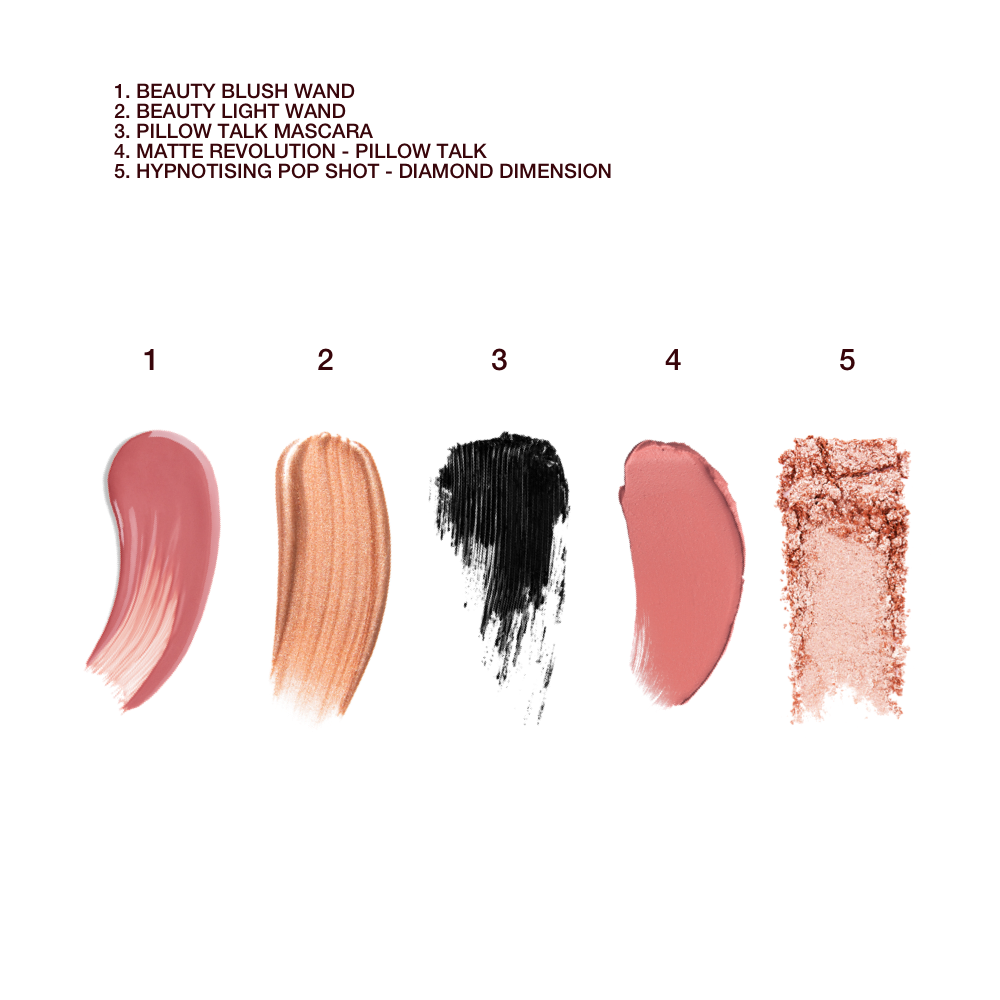 A texture swatch of a rose pink liquid blush, a rose gold liquid highlighter, black mascara, matte pink lipstick and glittery pink eyeshadow.