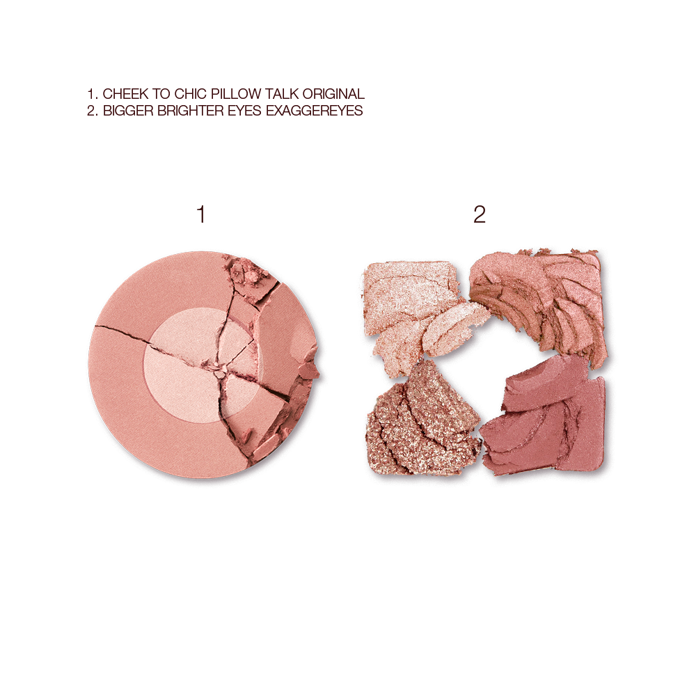 Swatches of a two-tone powder blush in rose gold and champagne and quad eyeshadow palette in neutral gem shades. 