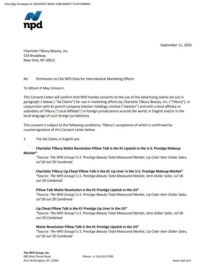 The NPD Group, Inc US Pillow Talk Lipstick Agreement Letter