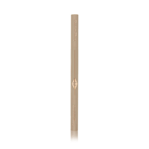 A closed double-ended eyebrow pencil and spoolie brush duo in golden-taupe-coloured packaging.