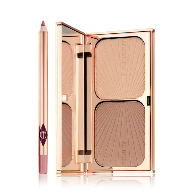 An open lip liner pencil in a nude-pink shade with an open, mirrored-li duo contour palette for light to medium skin tones in golden-coloured packaging. 