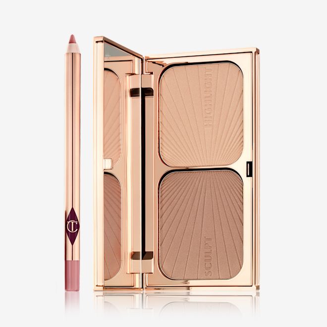 Pillow Talk Lips Sun Kissed Skin Kit open An open lip liner pencil in a nude-pink shade with an open, mirrored-li duo contour palette for light to medium skin tones in golden-coloured packaging.