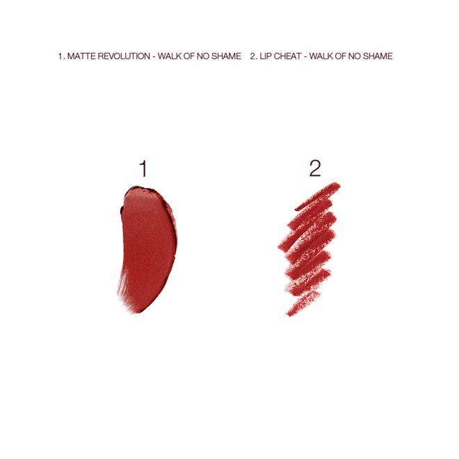 Walk of No Shame Lip Kit swatches Swatches of a matte lipstick in a berry-rose shade and lip liner pencil in a berry-red shade.