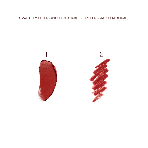 Swatches of a matte lipstick in a berry-rose shade and lip liner pencil in a berry-red shade.