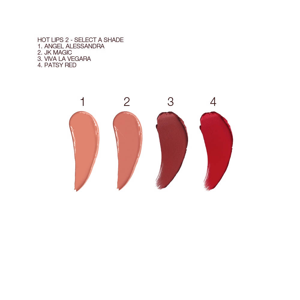 Swatches of four lipsticks in golden peach, brownish peach, dark brownish red, and crimson. 