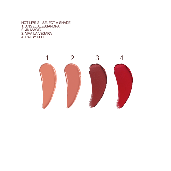 Swatches of four lipsticks in golden peach, brownish peach, dark brownish red, and crimson. 