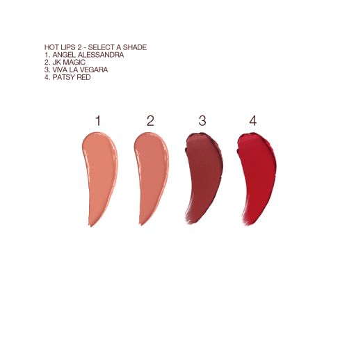 Swatches of four lipsticks in golden peach, brownish peach, dark brownish red, and crimson. 