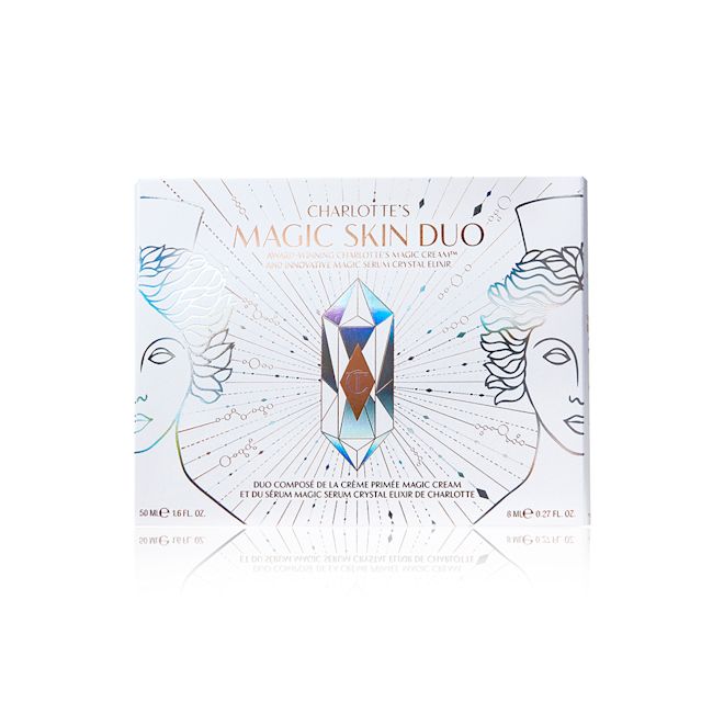 Magic Skincare Duo closed A closed skincare kit with a white coloured lid with shiny geometric patterns along with illustrations of goddesses on the lid, with the text, 'Charlotte's magic skin duo' written on the top.