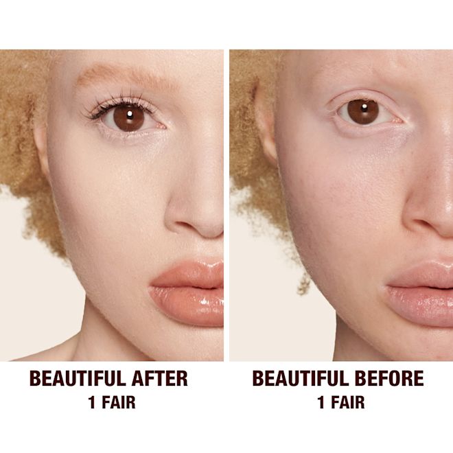 Beautiful Skin concealer on fair-tone model before and after Side by side of a fair-tone model without any concealer on one side and wearing a radiant, skin-like concealer on the other side that covers her freckles, wrinkles, and dark circles.